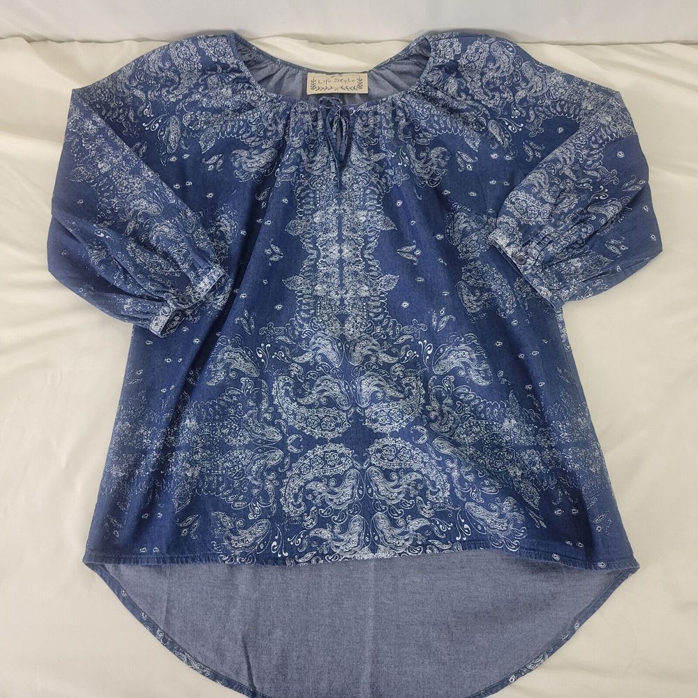 Life Style Shirt Womens Small Blue‎ Tunic Top Paisley 3/4 Bishop Sleeve Keyhole - Picture 3 of 14